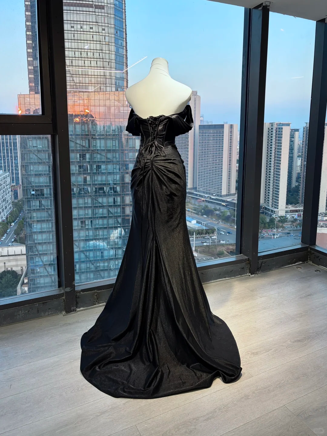 Off Shoulder Black Shimmer Satin Mermaid Prom Dress Twist Ruched Waist Long Train Evening Gown  NV6994