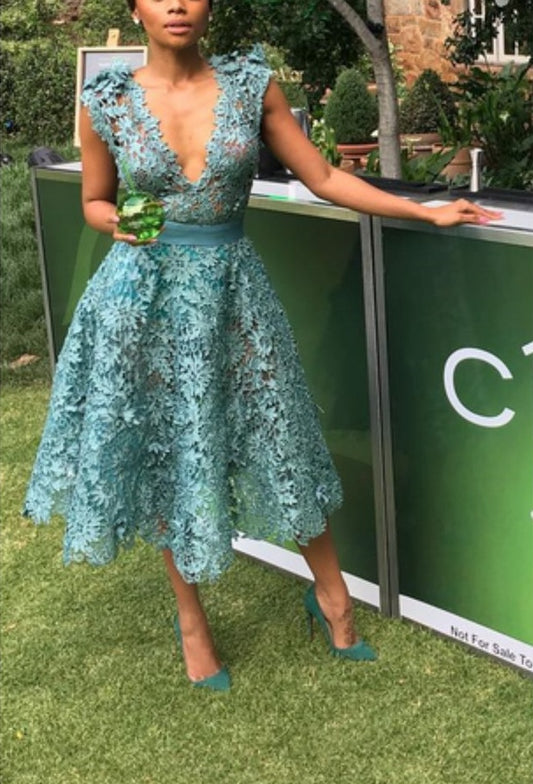 Blue Lace Sexy Deep V Neck Midi/Short Homecoming Dress Prom Dress Evening Dress Party Dress nv1128