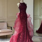 Robe sirène en tulle à sequins dégradés bordeaux, col halter et châle, NiceVestidos NV6223