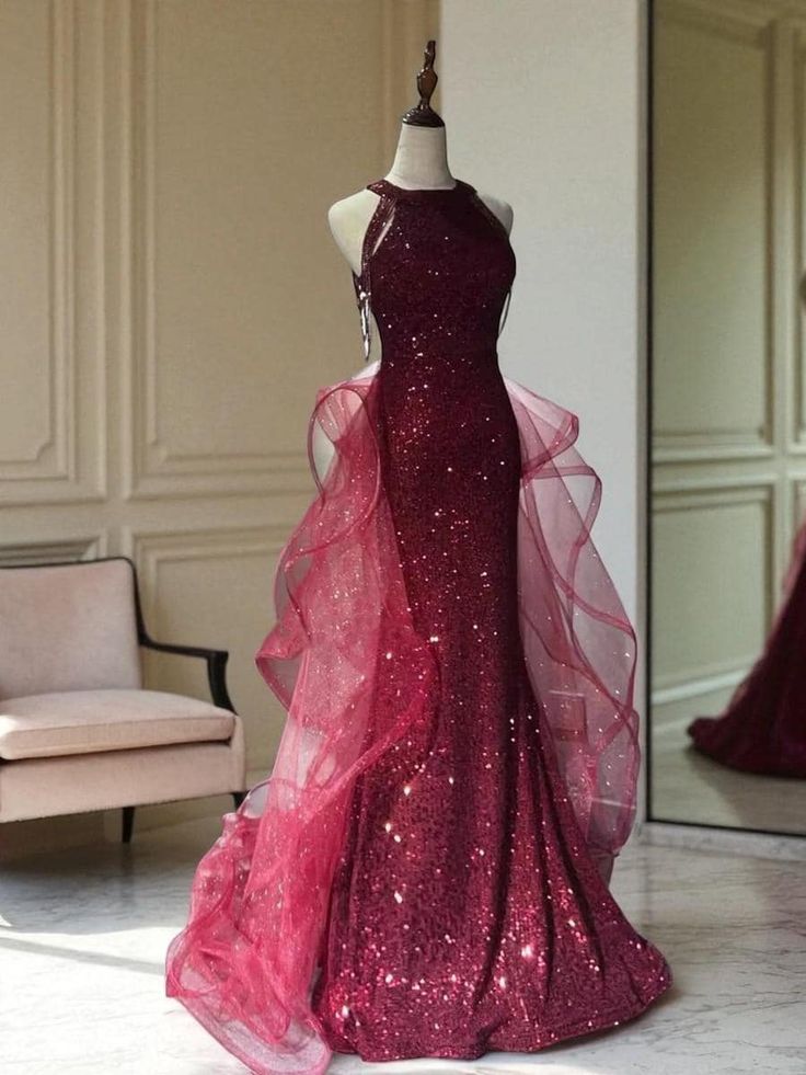 Robe sirène en tulle à sequins dégradés bordeaux, col halter et châle, NiceVestidos NV6223