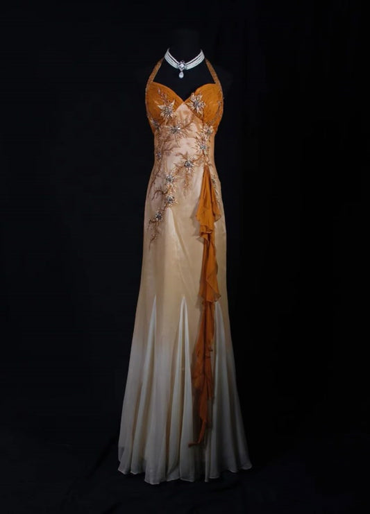Orange Elegant Floral Beading Long Satin Ball Gown Evening Dress Party Dress nv4403