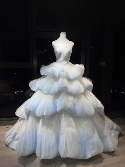 Light Blue Ombre Strapless Tulle Ball Gown, Beaded Tiered Cloud Ruffle Prom Dress  NV7085