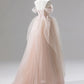 A-Line Off Shoulder Tulle Lace Champagne Pink Long Prom Dress, Lace Long Formal Dress nv1466