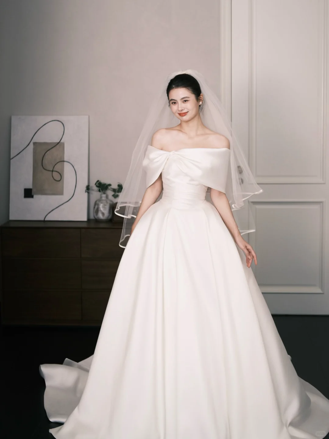 Off Shoulder Twist Ruched Satin Wedding Dress with Long Train  NV7376