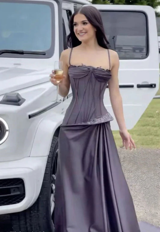 Gray Purple Vintage Fashion Spaghetti Strap Sleeveless Mermaid Long Satin Evening Gown Prom Dress nv3807
