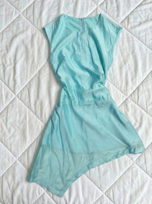 Light Cyan Sleeveless Short Homecoming Dress Round Neck Cap Sleeve Asymmetrical Hem Vintage Cocktail Gown  NV6916