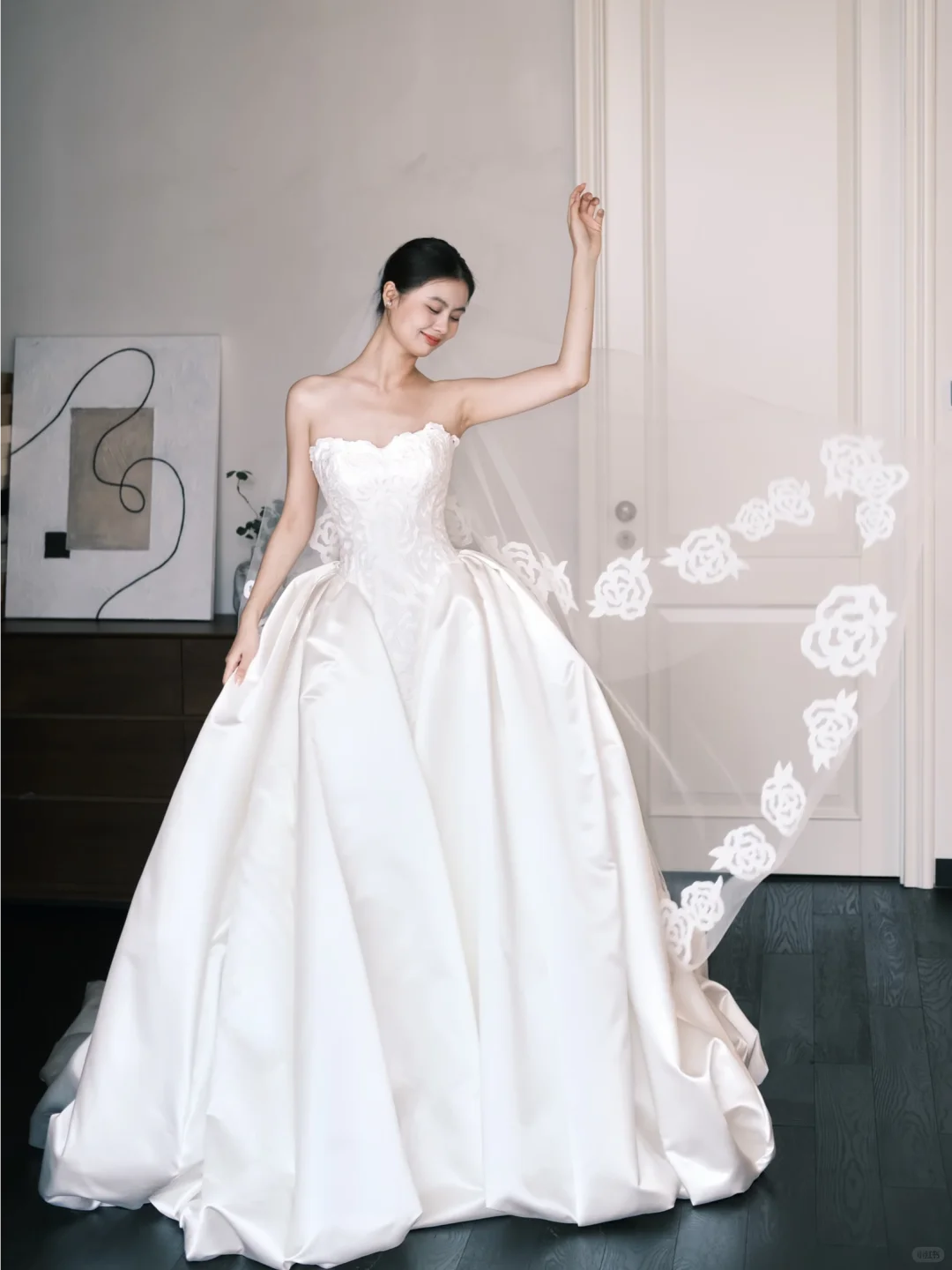 Strapless Ivory Satin Ball Gown Wedding Dress, Sweetheart Neck Lace Appliqued Bridal Dress  NV7389