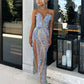 Blue luxury gorgeous beaded slit long prom dress evening gown party dress nv1972