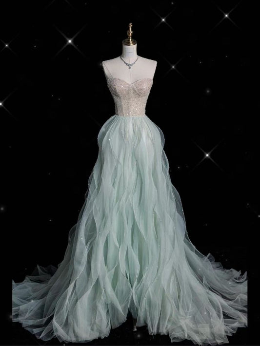 Green gorgeous elegant vintage fashion exquisite beading A-line sweetheart tulle floor length formal evening gown ball gown nv3858