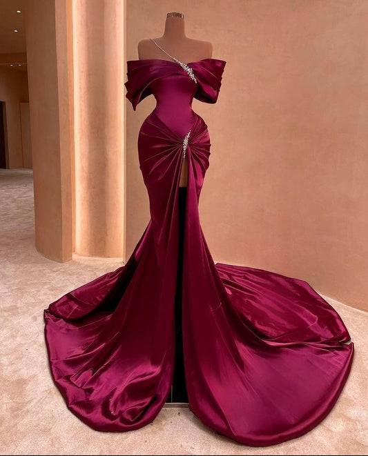 Purple gorgeous elegant exquisite beaded long satin floor-length trailing ball gown evening dress party dress nv2851