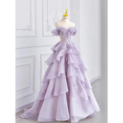 Lilac Elegant Fairy A-line Off-shoulder Long Tulle Ball Gown Evening Dress nv3520