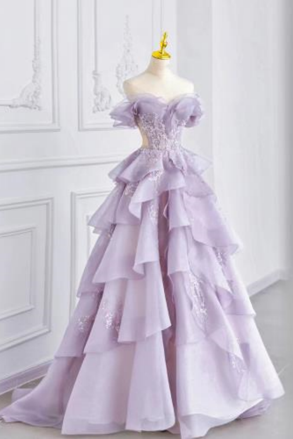 Lilac Elegant Fairy A-line Off-shoulder Long Tulle Ball Gown Evening Dress nv3520