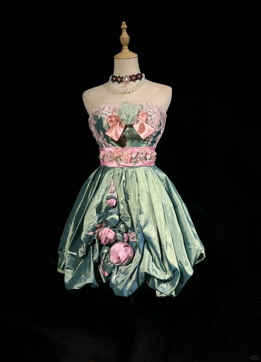 Strapless Vintage Lolita Short Prom Dress Green Pink Satin 3D Floral Appliques Lace Trim Bubble Mini Formal Gown  NV6895