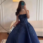 Navy Blue 3D Floral Beaded Ball Gown - Strapless Floor-Length Evening Dress NV6873