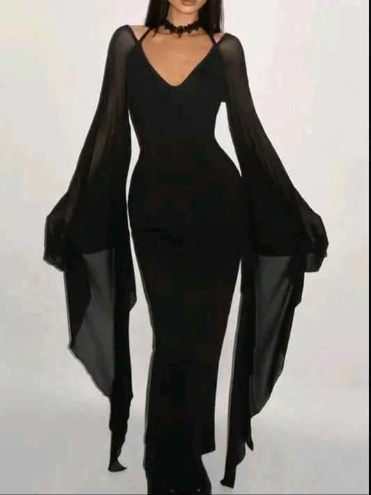 Robe moulante sexy style sombre en tulle noir à manches évasées, col en V et dos nu NV6256