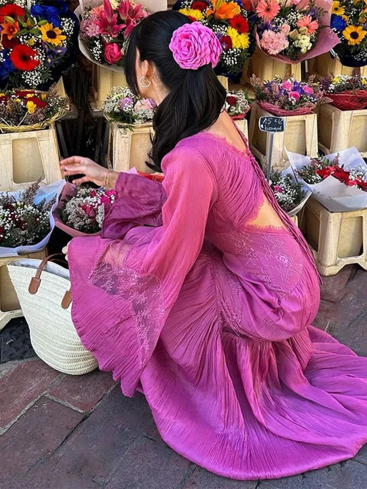 Pink Purple Lazy Retro Elegant Fashion V-neck Exquisite Lace Ruffle Long Sleeve Long Chiffon Floor-length Ball Gown Evening Gown Holiday Party Gown Bridesmaid Dress nv3823