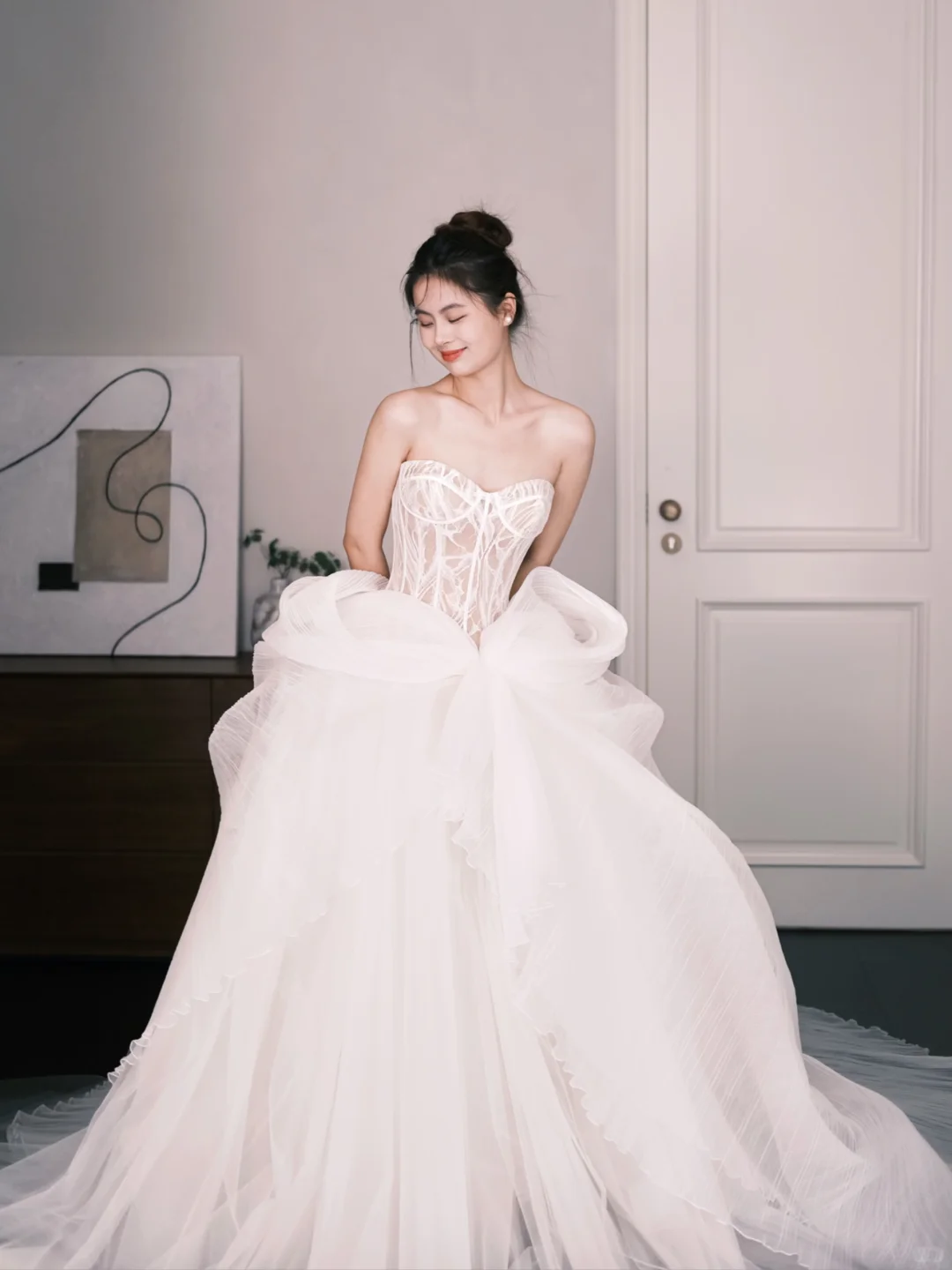 Sweetheart Sheer Lace Corset Wedding Dress, Big Bow Tulle Ballgown with Train  NV7352