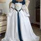 Robe de bal rétro style cour, blanche et bleue contrastée, brodée, épaules dénudées - Robe de soirée et de cosplay à thème médiéval NV6389