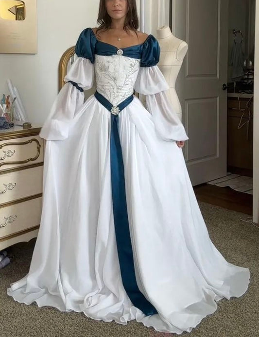 Robe de bal rétro style cour, blanche et bleue contrastée, brodée, épaules dénudées - Robe de soirée et de cosplay à thème médiéval NV6389