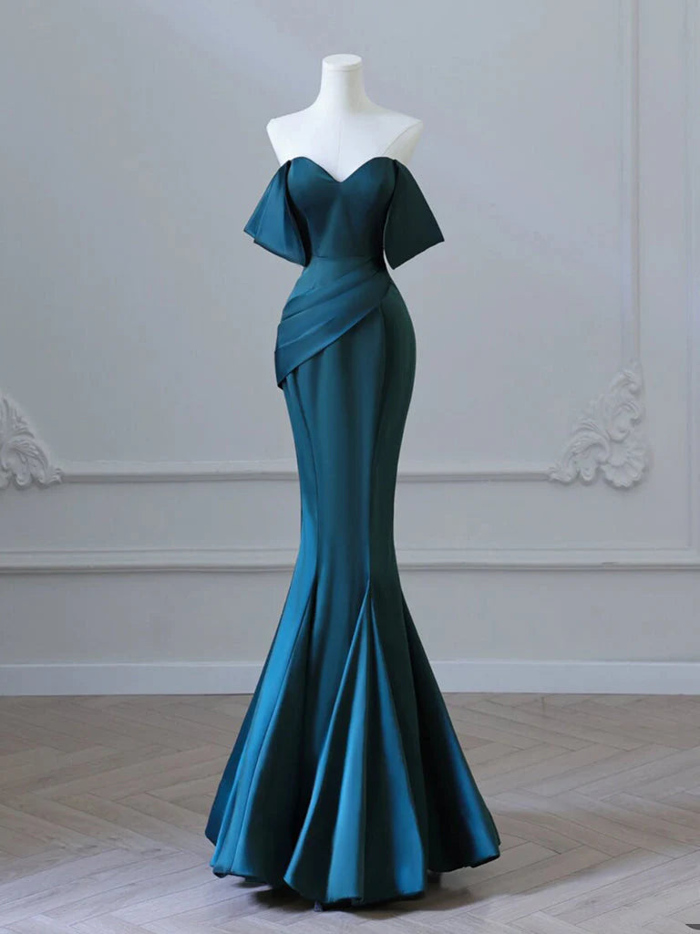 Simple Off Shoulder Satin Ink Blue Long Prom Dress, Ink Blue Long Formal Dress nv1467