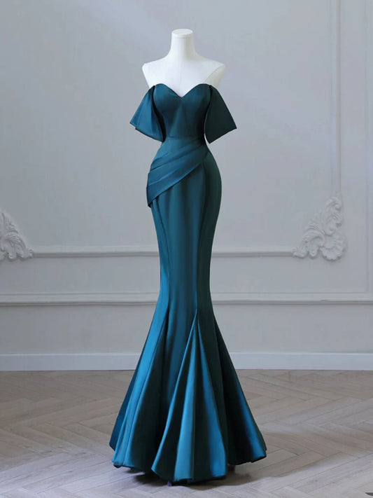 Simple Off Shoulder Satin Ink Blue Long Prom Dress, Ink Blue Long Formal Dress nv1467