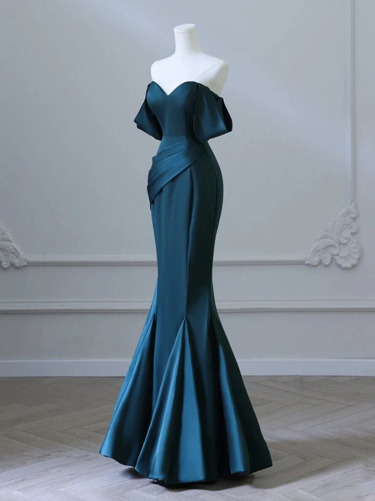 Simple Off Shoulder Satin Ink Blue Long Prom Dress, Ink Blue Long Formal Dress nv1467