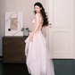 Blush Pink Polka Dot Tulle Lace Formal Dress Spaghetti Strap Bow Gown  NV7259