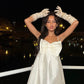 White youthful pure simple cute sweetheart elegant sling big bow short mini satin off the shoulder ball gown evening dress birthday party dress homecoming dress with gloves nv2558