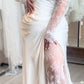 Cream Satin Off-the-Shoulder Lace Sleeve Slit Floor-Length Elegant Wedding Dress NV6232
