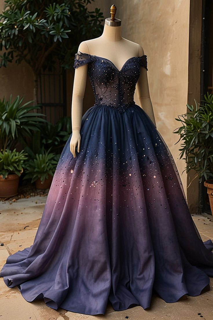 NiceVestidos - Robe de bal longue jusqu'au sol, ornée d'un magnifique dégradé bleu-violet scintillant et de perles exquises. NV6109