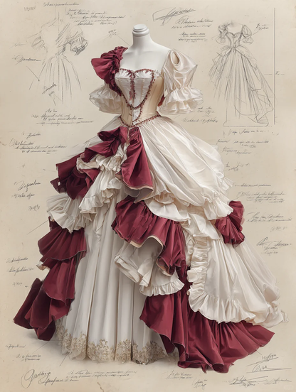 Ivory Burgundy Rococo Victorian Square Neck Corset Ball Gown with Gold Embroidery  NV7406