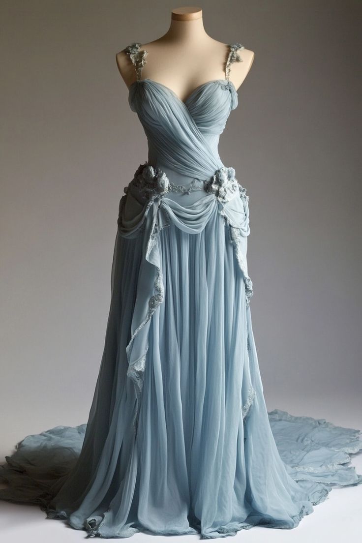 Blue Gorgeous Retro Fashion Elegant Floral Appliqué A-Line Long Tulle Floor-length Tail Evening Gown Prom Dress nv3834