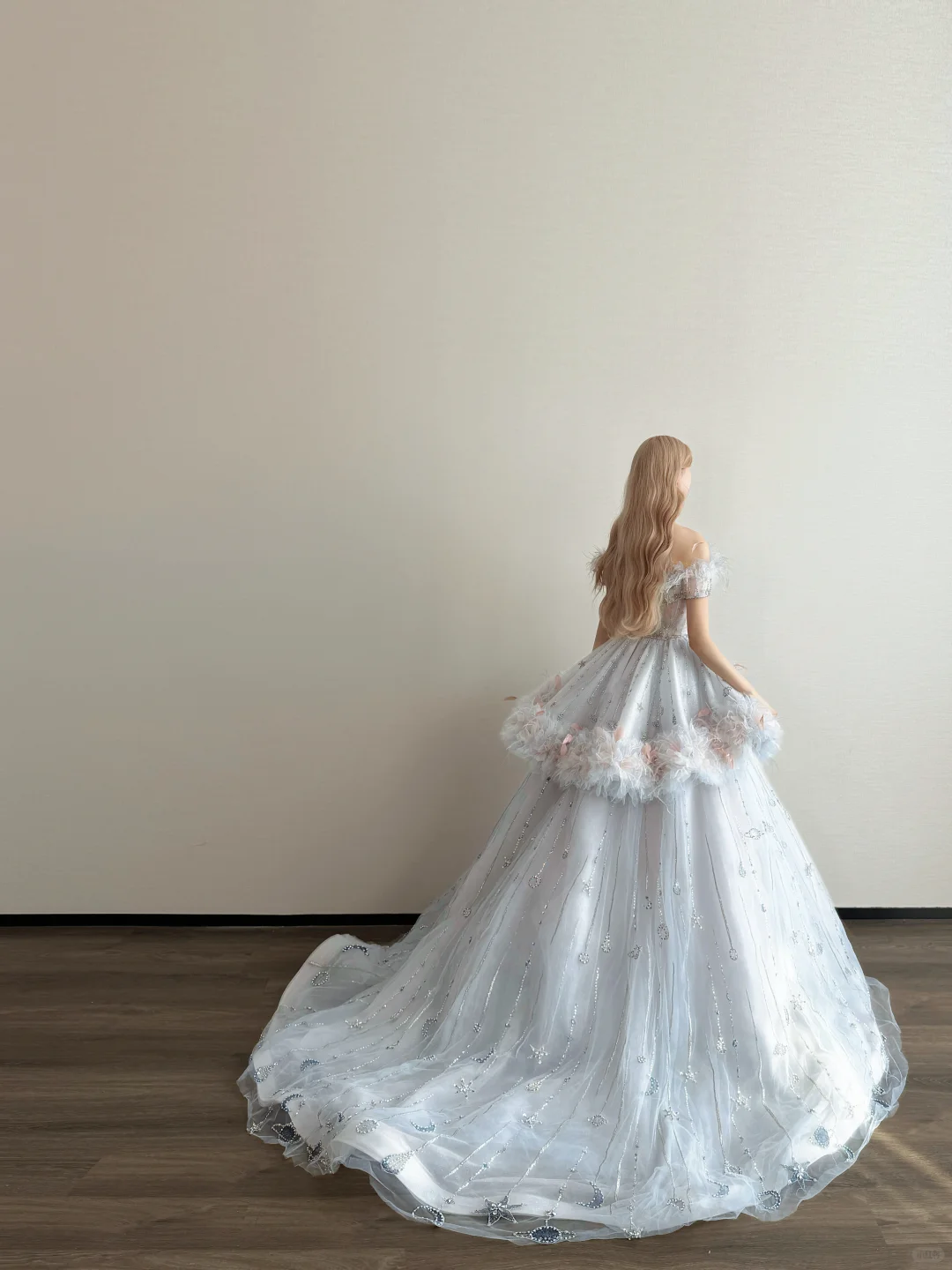 Light Ice Blue Feather Off Shoulder Prom Gown Star Moon Rhinestone Tulle Formal Dress  NV7165
