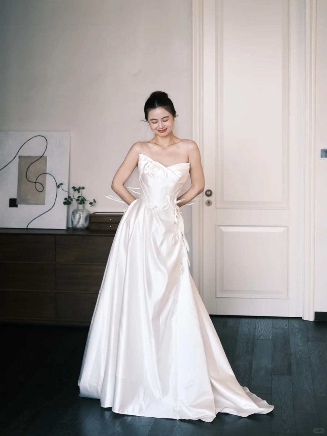 Asymmetric Strapless Satin Wedding Gown, 3D Flower A Line Bridal Dress  NV7353
