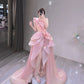 Pink Pretty Fashion Elegant Exquisite Beaded Flower Fairy Off-the-shoulder Satin Long Tulle Floor-length Ball Gown Sequined Evening Dress nv3821