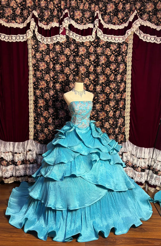 Blue Elegant Delicate Floral Long Satin Ball Gown Evening Dress Party Dress nv4011