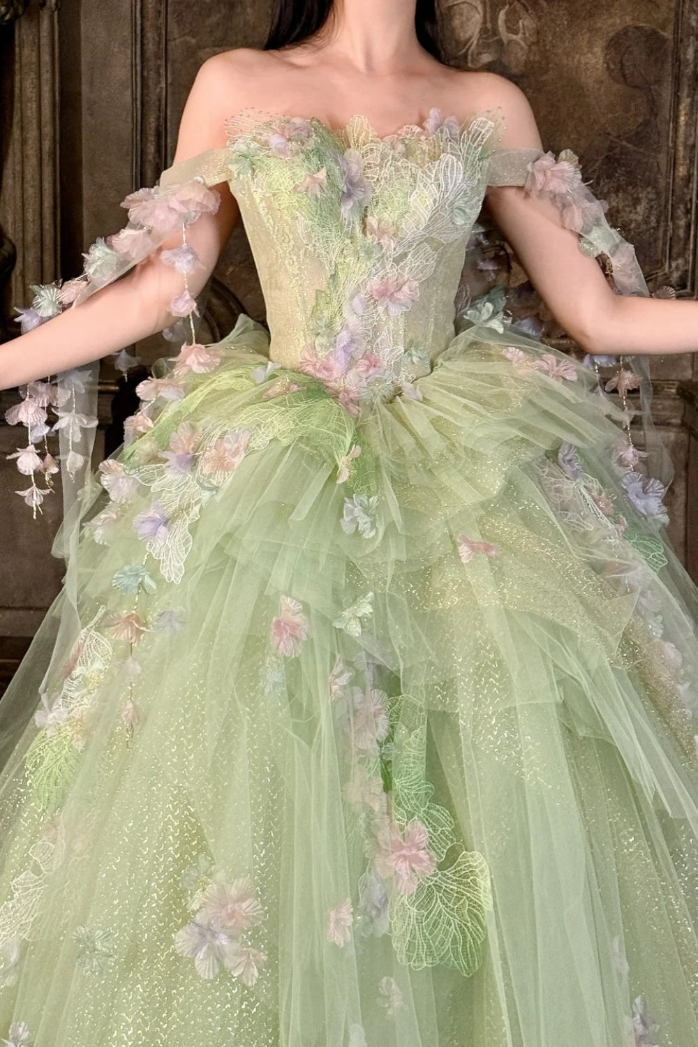 Robe de bal longue en tulle vert, somptueuse et délicate à motifs floraux NV6642