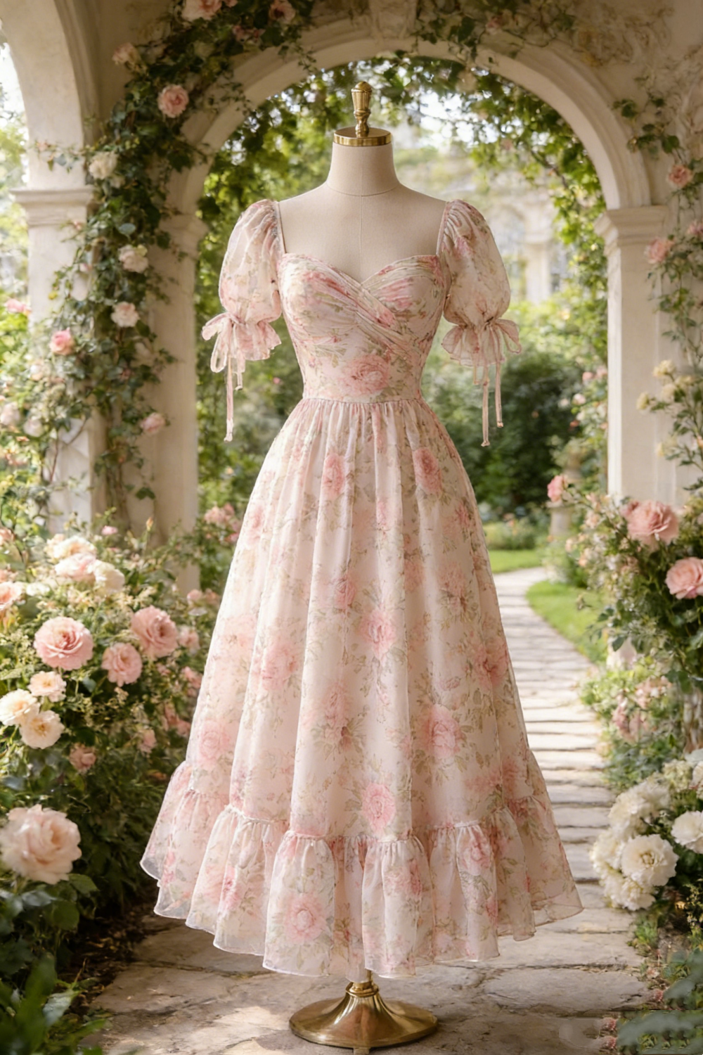 Robe longue rose à imprimé floral, manches bouffantes et détail noué - Style délicat - Idéale pour une soirée ou un anniversaire NV6792