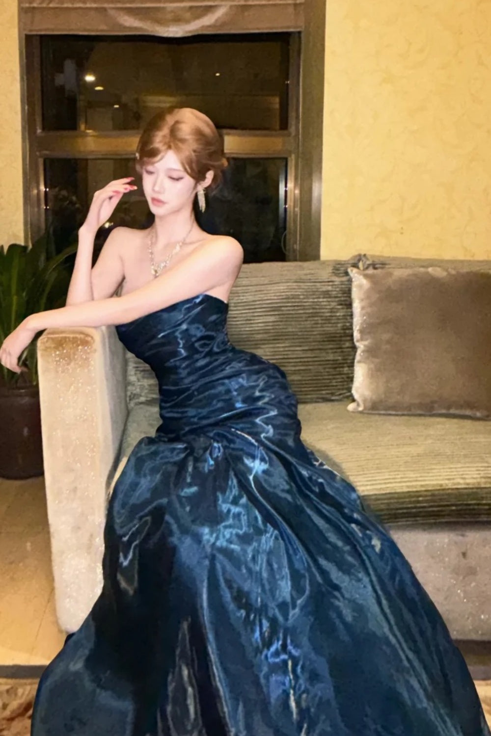 Strapless Liquid Satin Deep Blue Mermaid Gown Back Lace-up Formal Evening Dress  NV6880