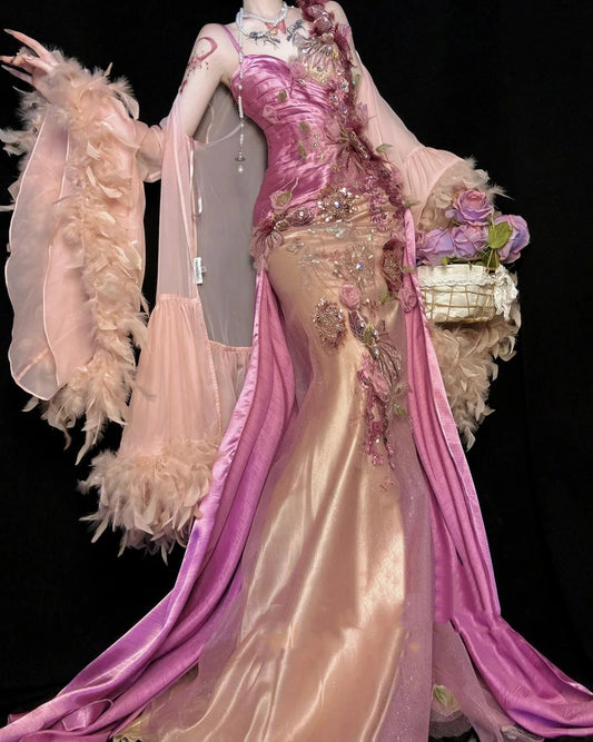 🌸Pink and purple floral beaded long satin ball gown evening dress fairy dress nv4433