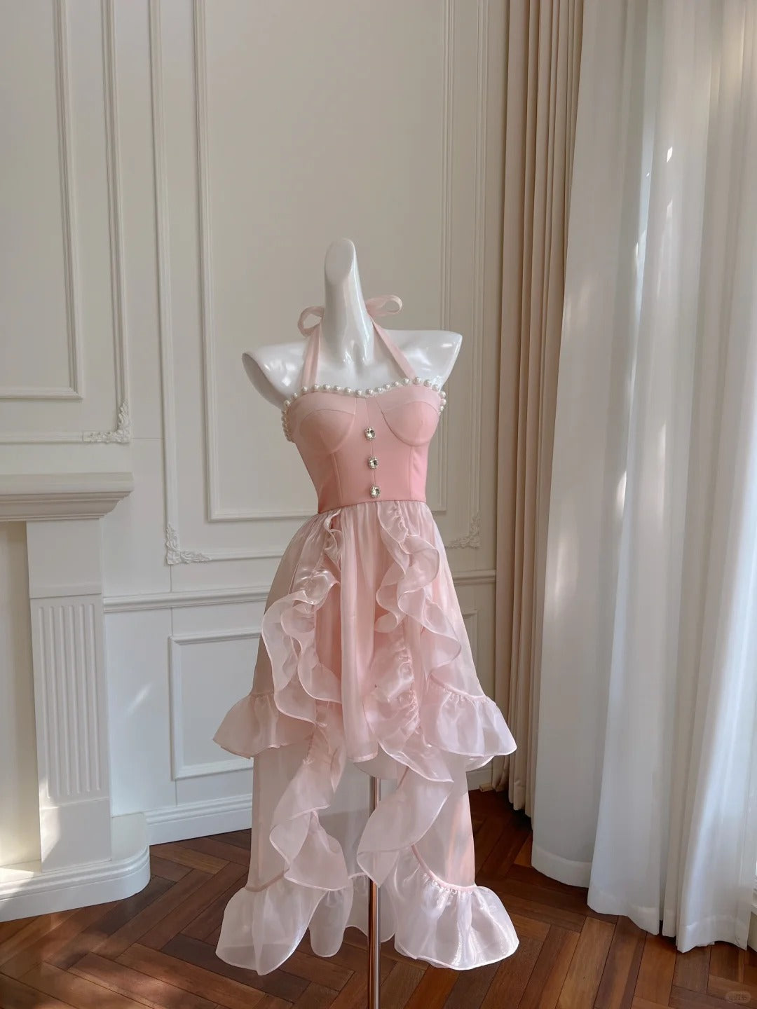 Pink Beaded Halter Elegant Long Ruffle Chiffon Ball Gown Evening Dress Party Dress nv4186