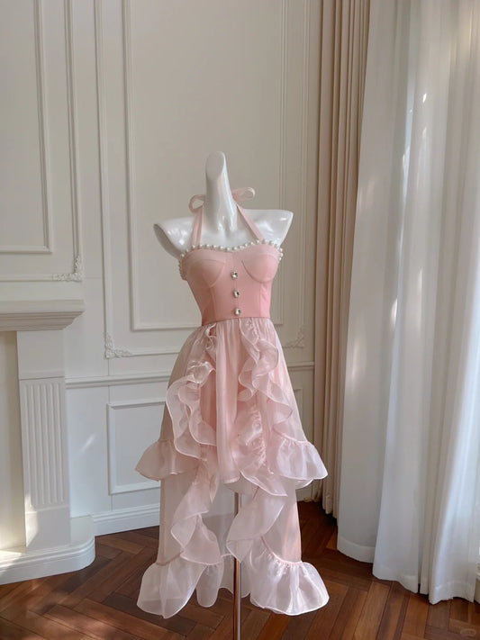 Pink Beaded Halter Elegant Long Ruffle Chiffon Ball Gown Evening Dress Party Dress nv4186