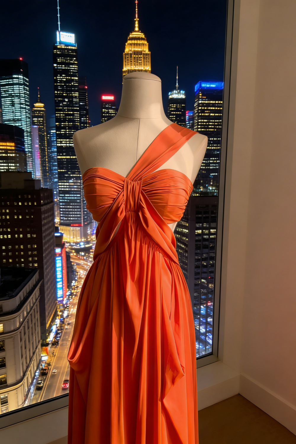 Robe longue asymétrique orange vif mat à nœud torsadé et dos nu - Robe longue drapée de luxe avec ceinture NV6783