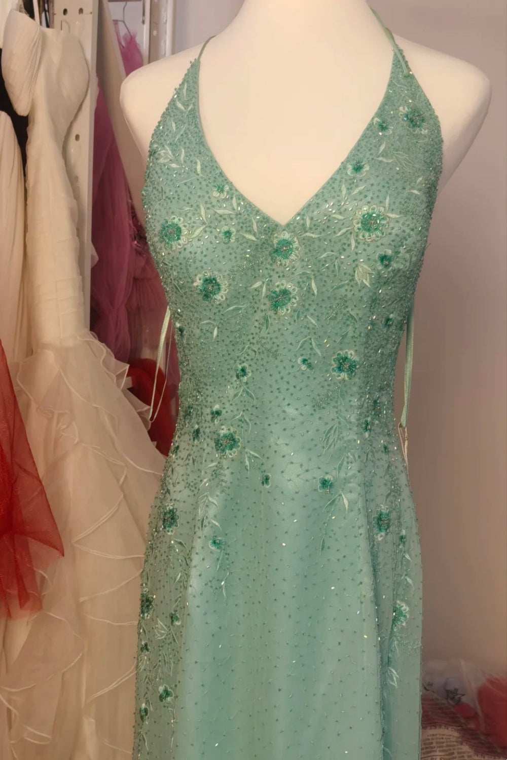 NiceVestidos--Light Moss Green Embroidered Organza Halter - Neck Sleeveless Floor - Length Banquet Dress NV5825
