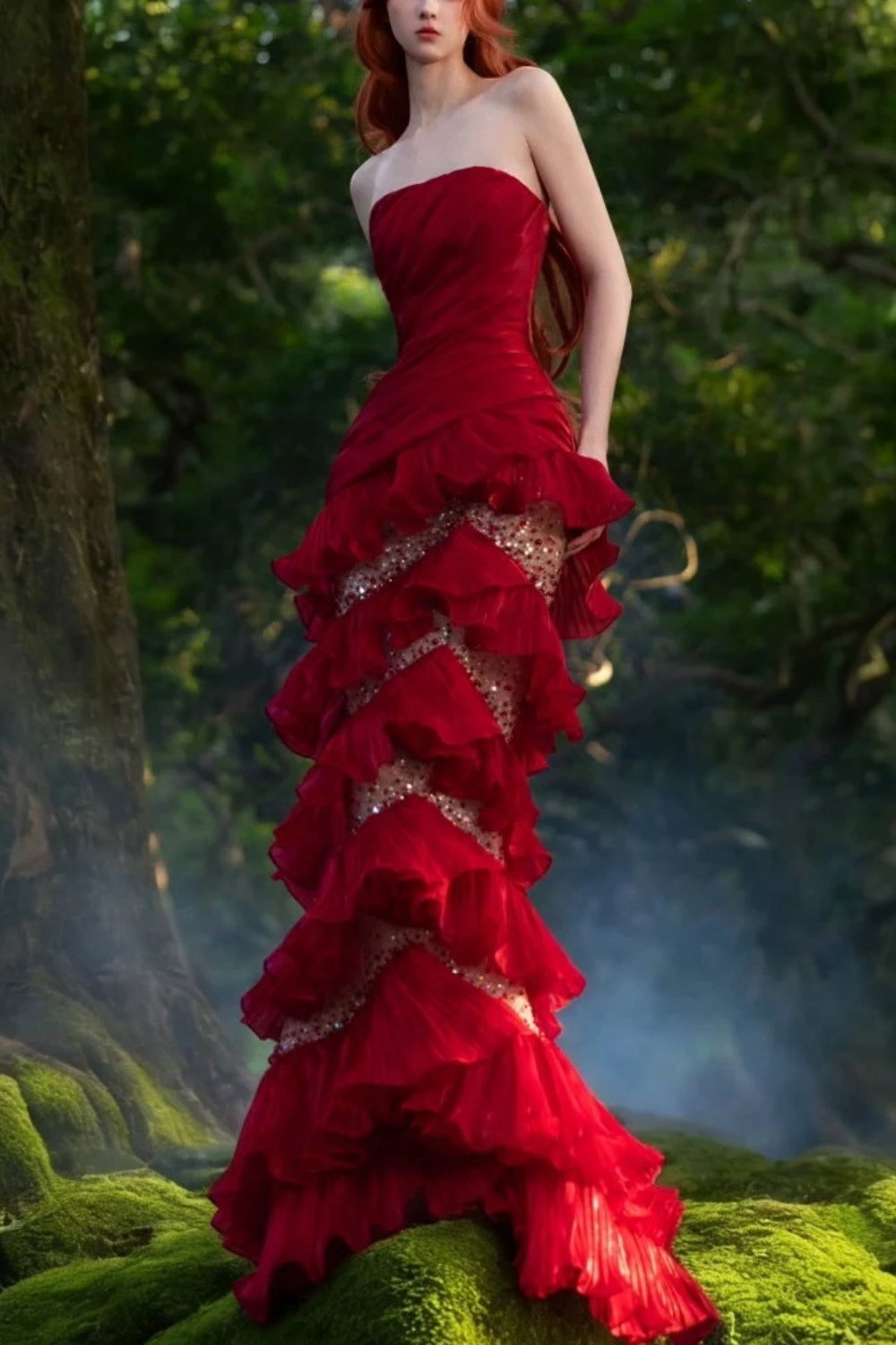 Robe de soirée longue rouge somptueuse en satin brillant, style rétro élégant NV6740