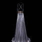 Moonlight Silver Fashion Elegant V-neck Exquisite Beading Long Satin Floor Length Train Ball Gown Evening Gown Prom Gown Party Dress nv3868