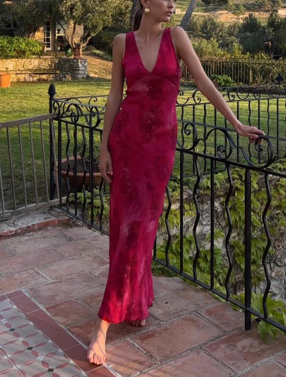 Charming Deep V Neck Satin Printed Floral Long Evening Gown Ball Gown nv1796