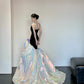 Black shiny gorgeous elegant satin long mermaid floor length ball gown evening dress nv4055
