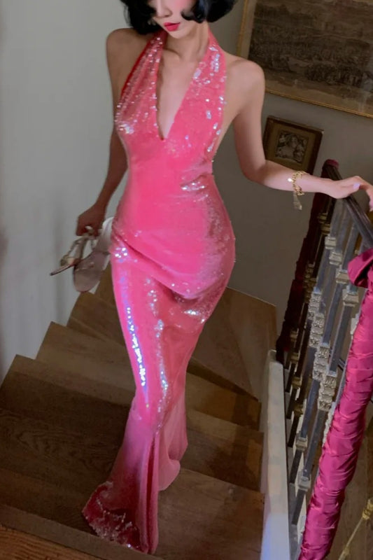 Robe longue dos nu à sequins : rose fuchsia, décolleté plongeant en V, robe de soirée captivante NV6400