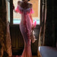 Robe sirène rose dégradée à volants : décolleté en V épaules dénudées, coupe ajustée, style romantique français NV6401